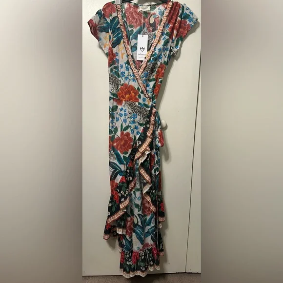 Talismán Red and Green Ruffled Midi Wrap Dress size M - Picture 2 of 5